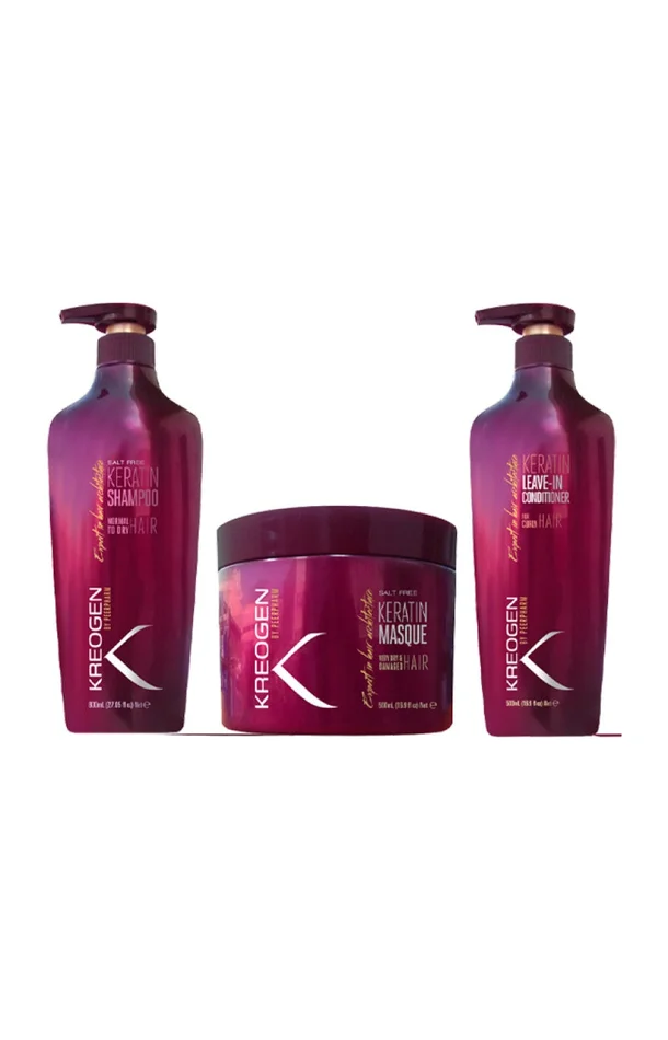 Trio réparateur – Shampoing, masque & crème de soin sans rinçage – Kératine
