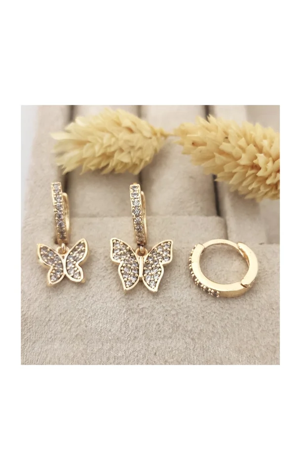 Triples boucles d’oreilles papillons – Laiton plaqué & pierres de zircon