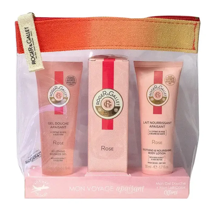 Trousse voyage gel douche + eau parfumé + lait 50ml rose offert